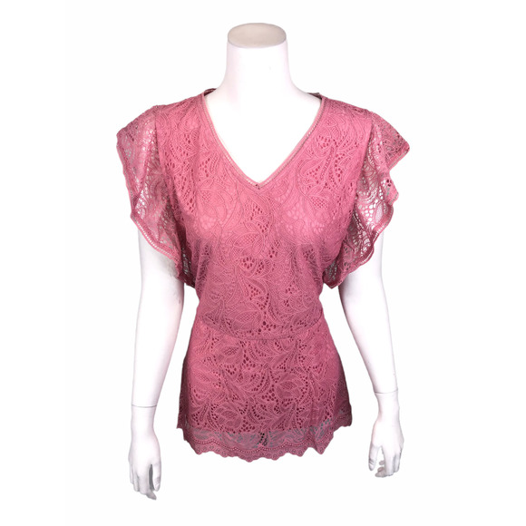 Isaac Mizrahi Stretch Lace Flutter Sleeves Peplum Tunic Top Wild Rose Medium Sz - Picture 1 of 2
